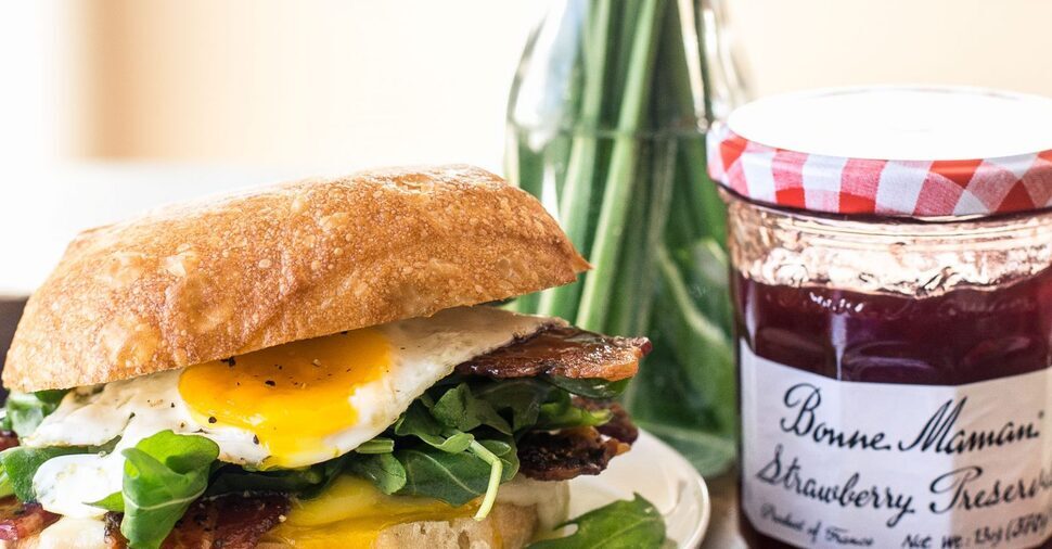 Egg, Brie And Arugula Breakfast Sandwich With Strawberry Glazed Bacon