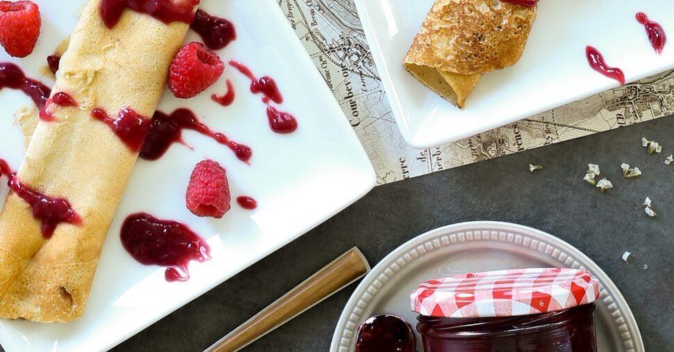 Mascarpone Stuffed Crepes With Raspberry Preserves