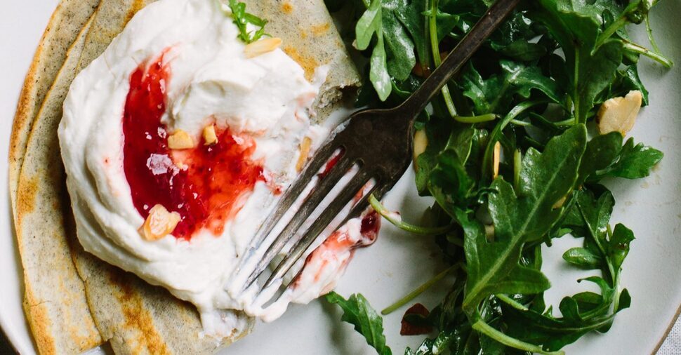 Buckwheat Crepes with Whipped Ricotta Goat Cheese and Strawberry Preserves